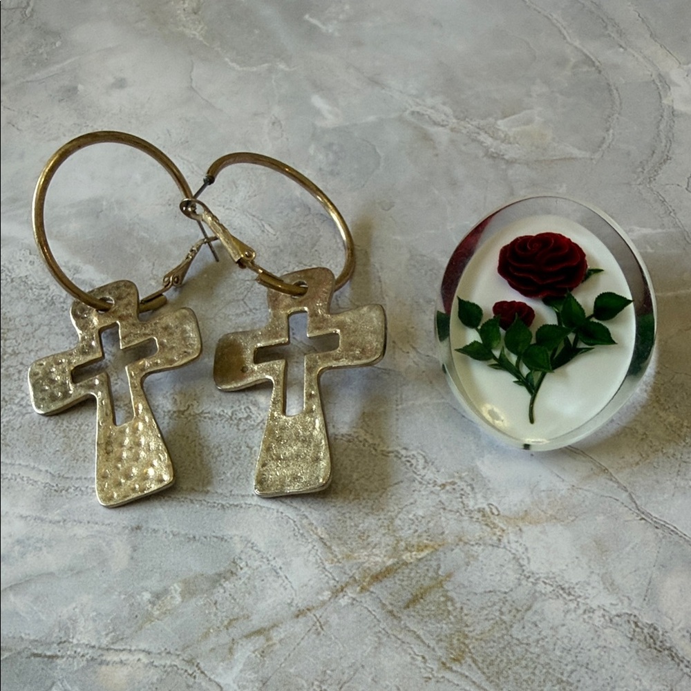Silver Cross Hoop Earrings and Rose Brooch